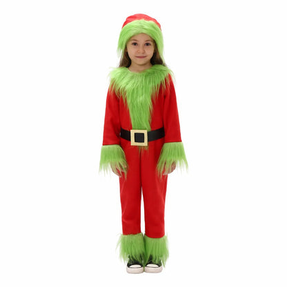 Christmas Costume Christmas Green Fur Monster Cos Children'S Performance Costume Christmas Dress Up Party Campus Festival Performance Costume