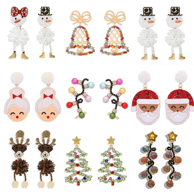 Christmas Element Earrings Creative Funny Rice Beads Snowman Earrings Diamond Bells Christmas Tree Earrings