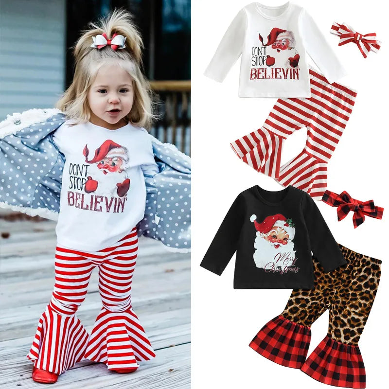 Christmas Fashion Santa Claus Letter Stripe Cotton Blend Girls Clothing Sets