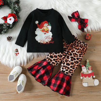 Christmas Fashion Santa Claus Letter Stripe Cotton Blend Girls Clothing Sets