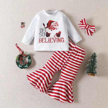 Christmas Fashion Santa Claus Letter Stripe Cotton Blend Girls Clothing Sets