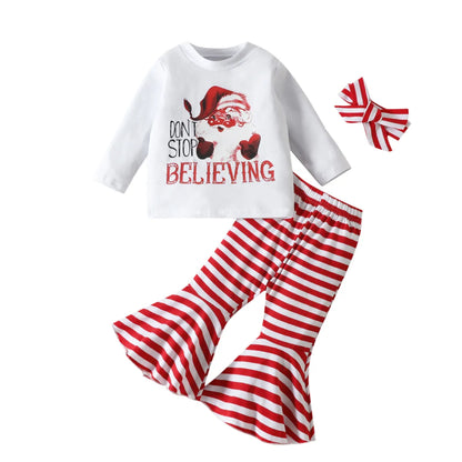 Christmas Fashion Santa Claus Letter Stripe Cotton Blend Girls Clothing Sets