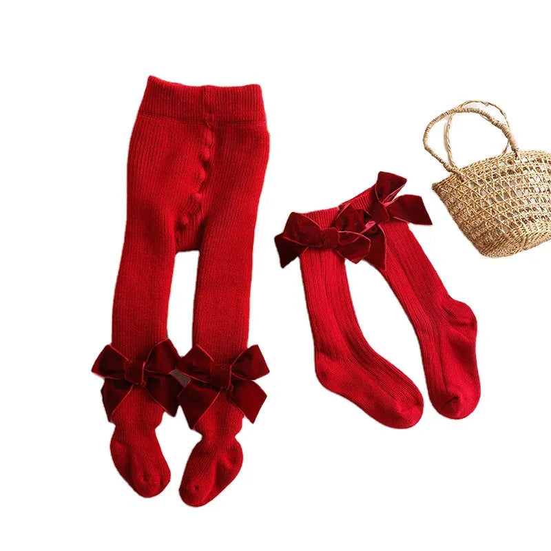 Christmas Fashion Solid Color Bowknot Fleece Polyacrylonitrile Fiber Pants & Leggings