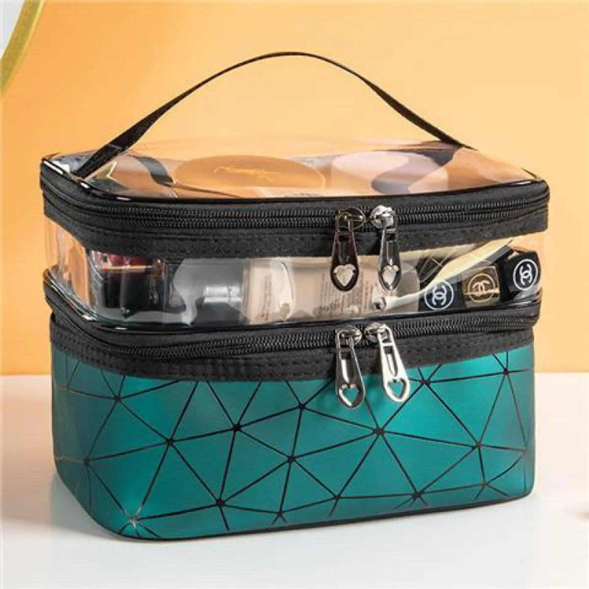 Classic Style Argyle Pu Leather Sequins Metal Button Square Makeup Bags