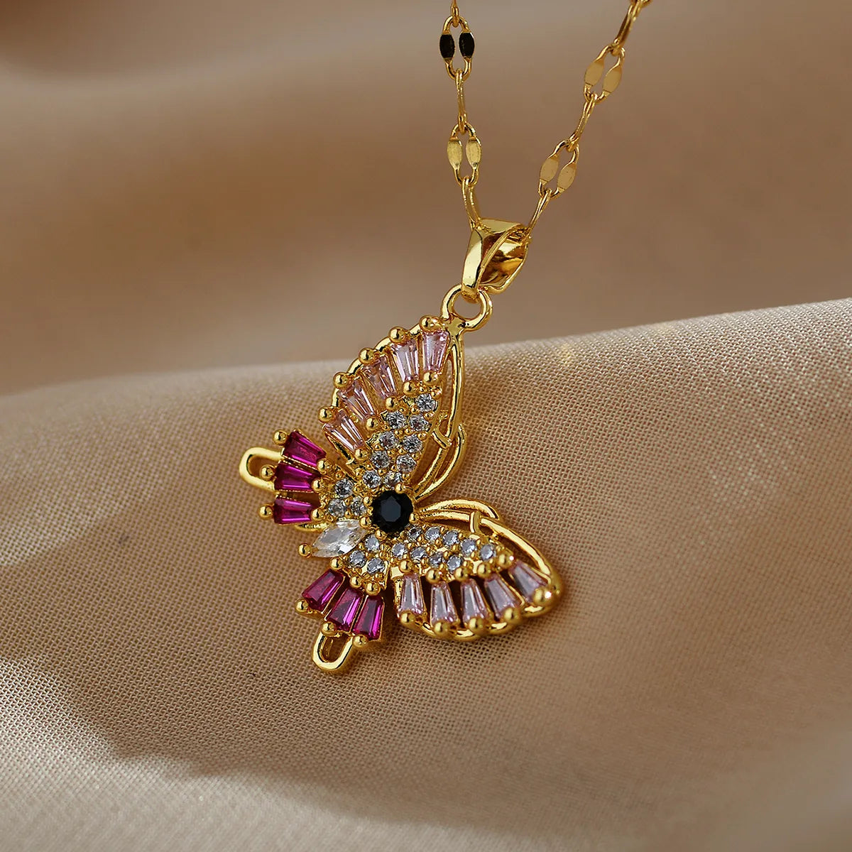 Classic Style Butterfly Copper Inlay Zircon Pendant Necklace