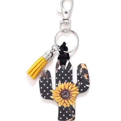 Classic Style Commute Cactus Printing Wood Bag Pendant Keychain