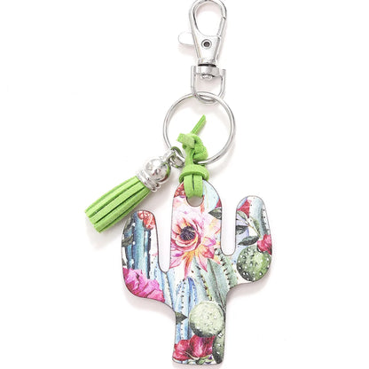 Classic Style Commute Cactus Printing Wood Bag Pendant Keychain