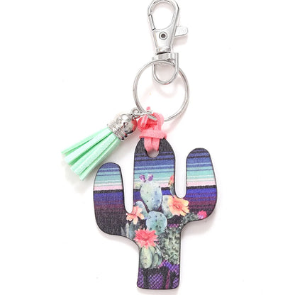 Classic Style Commute Cactus Printing Wood Bag Pendant Keychain