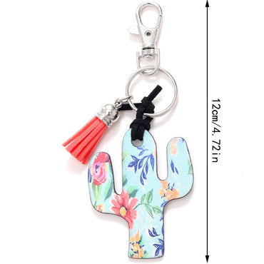 Classic Style Commute Cactus Printing Wood Bag Pendant Keychain