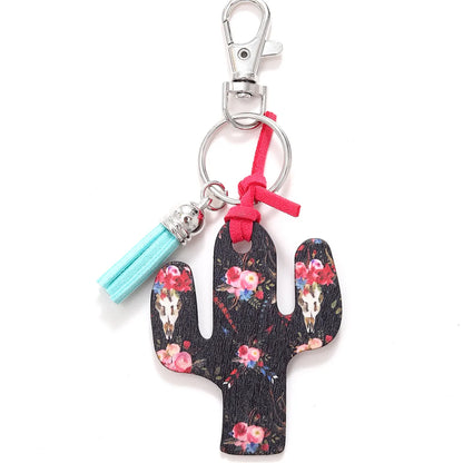 Classic Style Commute Cactus Printing Wood Bag Pendant Keychain