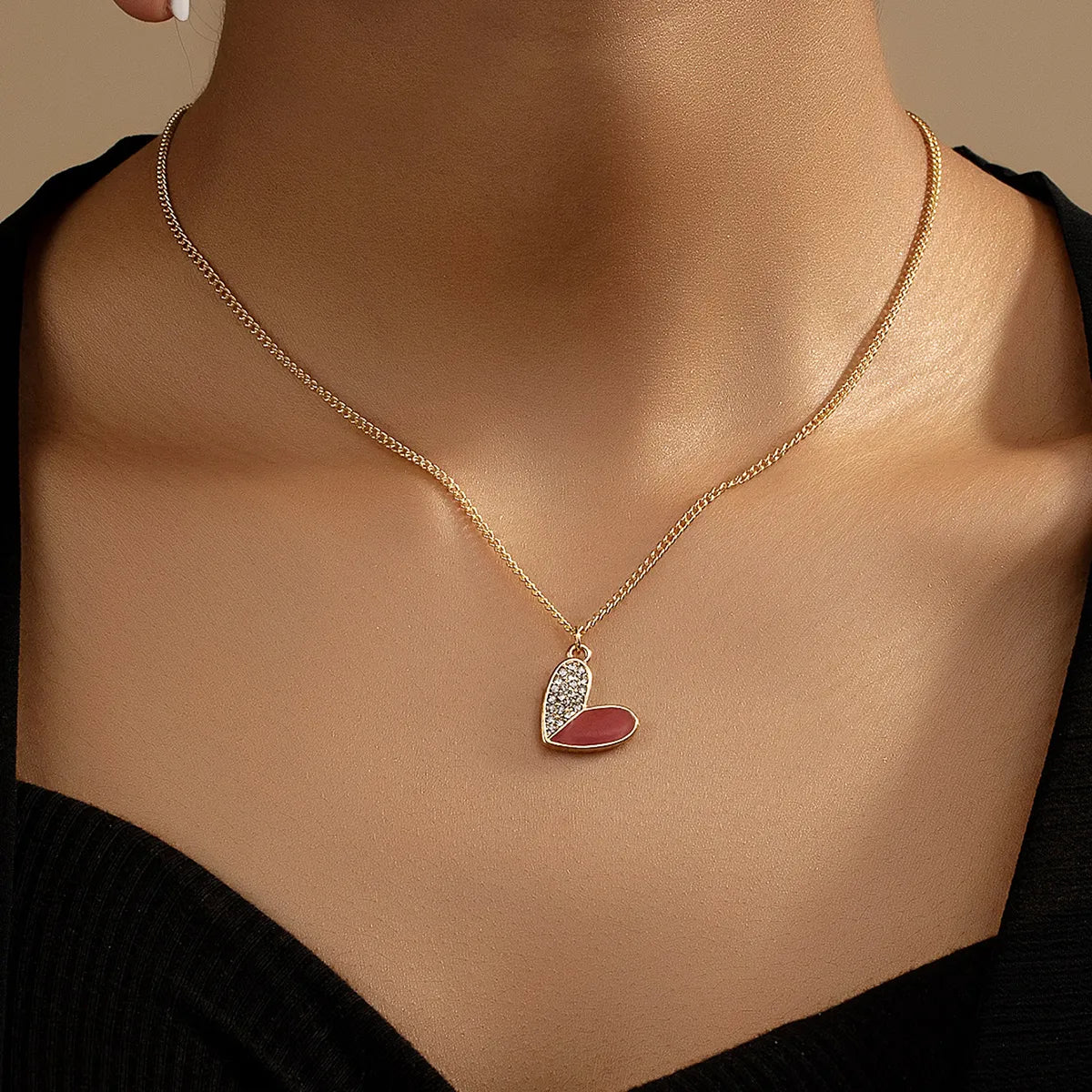 Classic Style Commute Heart Shape Alloy Plating Inlay Rhinestones 14k Gold Plated Women's Pendant Necklace