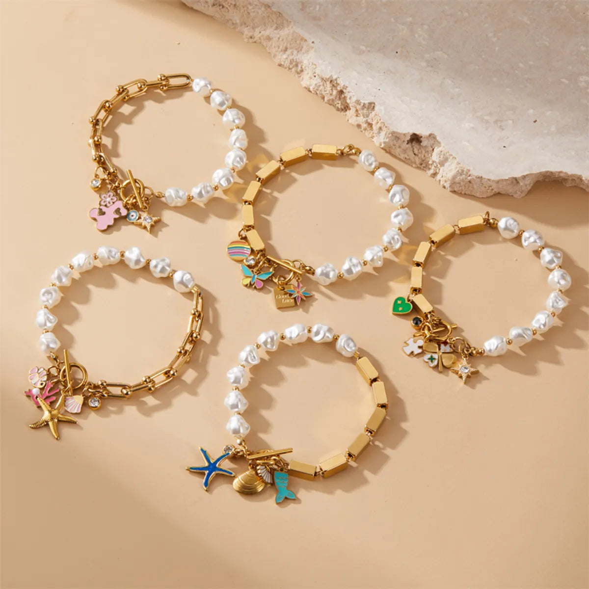 Classic Style Cross Starfish Heart Shape 316 Stainless Steel  18K Gold Plated Zircon Bracelets In Bulk