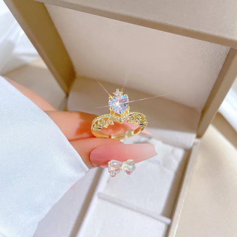 Classic Style Crown Brass Gold Plated Artificial Gemstones Open Rings In Bulk