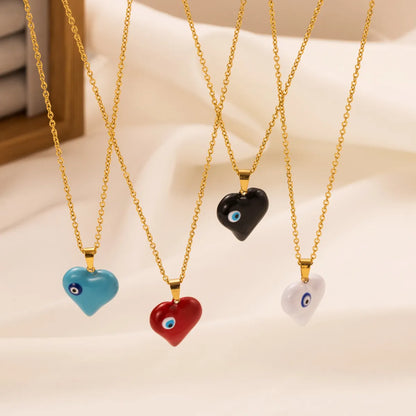 Classic Style Devil's Eye Heart Shape Titanium Steel Enamel Gold Plated Zircon Pendant Necklace 1 Piece