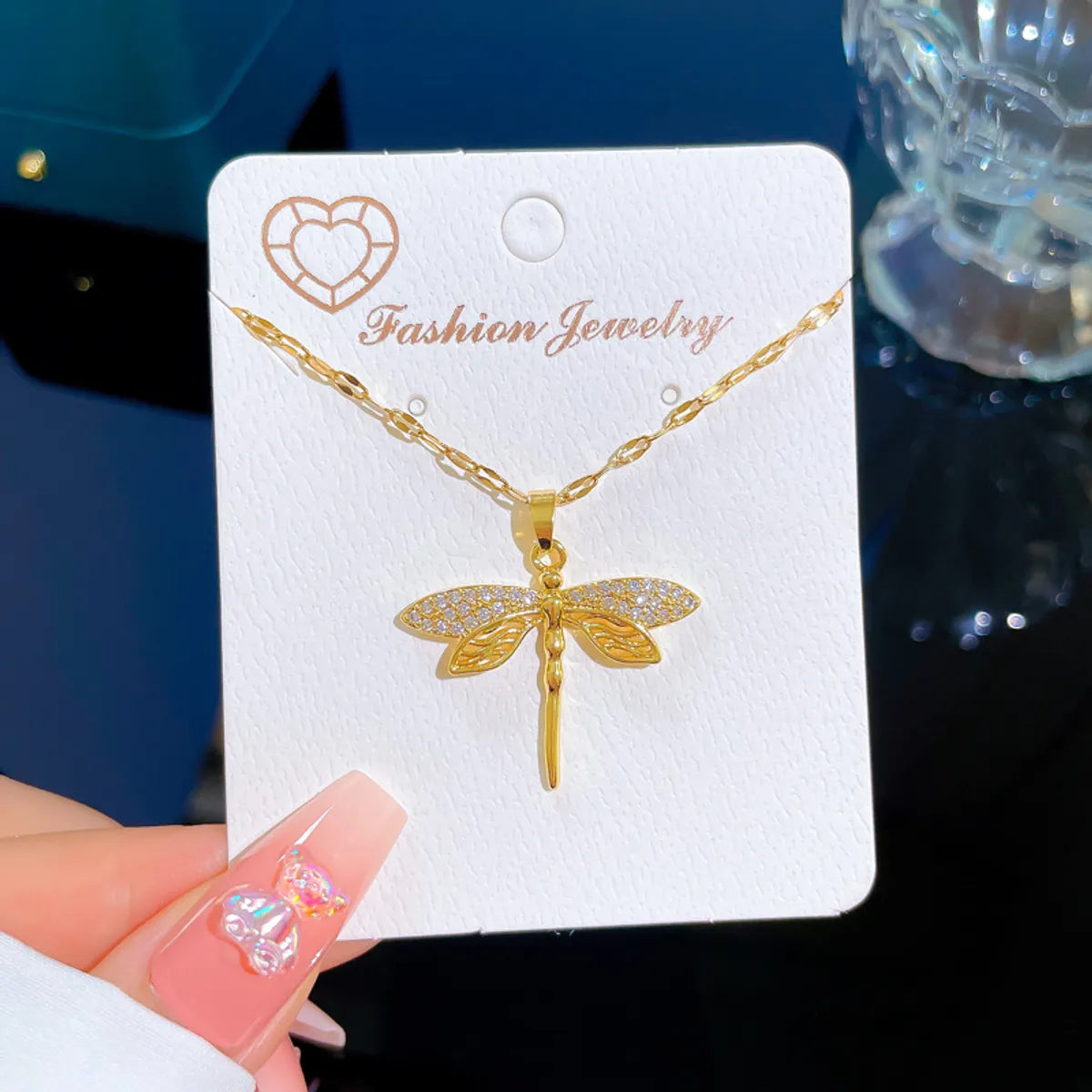 Classic Style Dragonfly Titanium Steel Inlay Artificial Gemstones Pendant Necklace