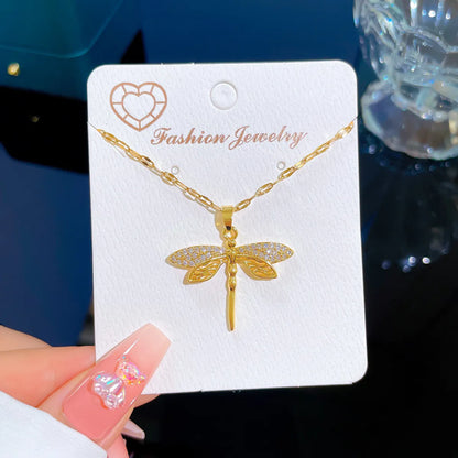 Classic Style Dragonfly Titanium Steel Inlay Artificial Gemstones Pendant Necklace