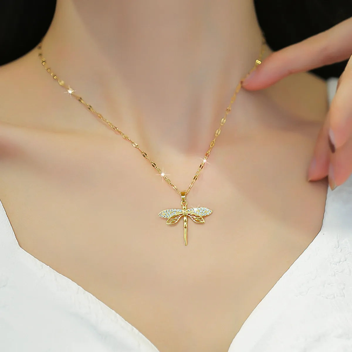 Classic Style Dragonfly Titanium Steel Inlay Artificial Gemstones Pendant Necklace