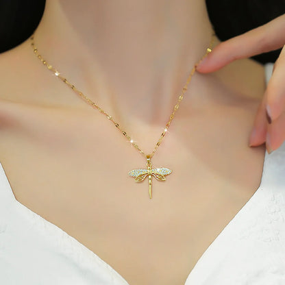 Classic Style Dragonfly Titanium Steel Inlay Artificial Gemstones Pendant Necklace