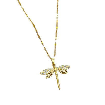 Classic Style Dragonfly Titanium Steel Inlay Artificial Gemstones Pendant Necklace