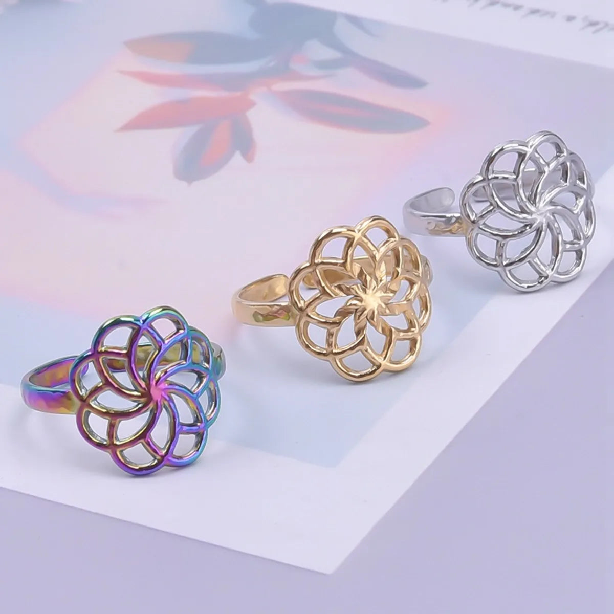 Classic Style Flower Stainless Steel Asymmetrical Polishing Rings