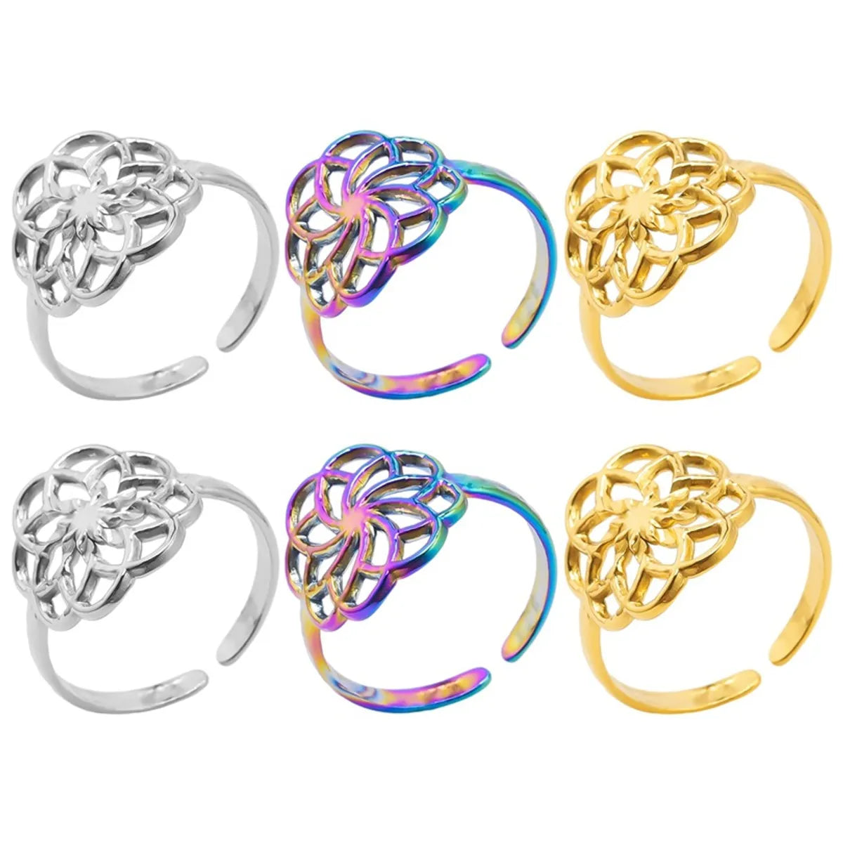 Classic Style Flower Stainless Steel Asymmetrical Polishing Rings