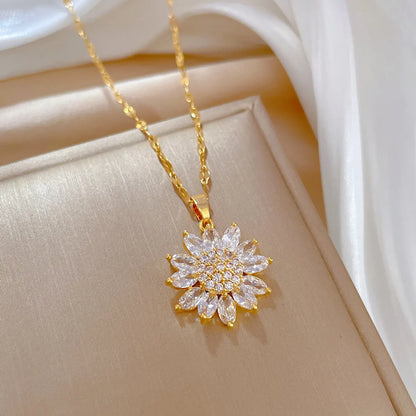 Classic Style Flower Stainless Steel Copper Plating Inlay Artificial Gemstones Pendant Necklace