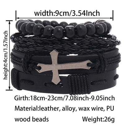 Classic Style Geometric Cross Leaf Pu Leather Alloy Beaded Braid Men'S Bracelets