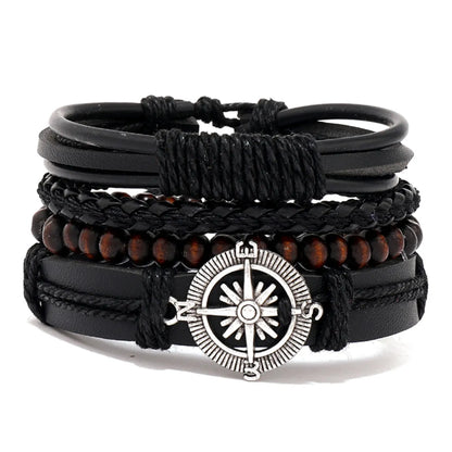 Classic Style Geometric Cross Leaf Pu Leather Alloy Beaded Braid Men'S Bracelets