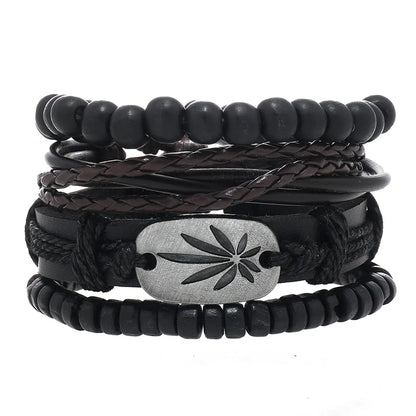 Classic Style Geometric Cross Leaf Pu Leather Alloy Beaded Braid Men'S Bracelets