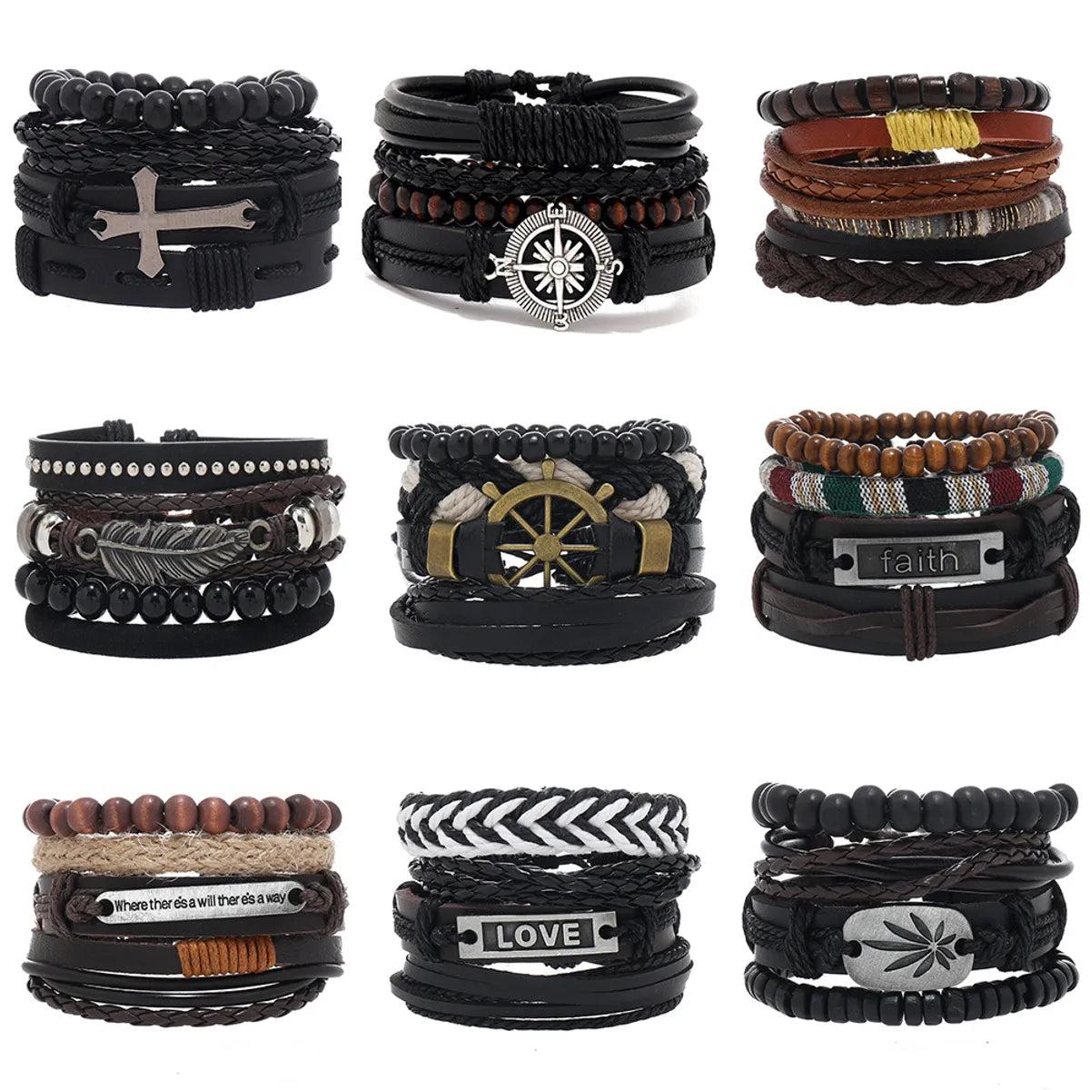 Classic Style Geometric Cross Leaf Pu Leather Alloy Beaded Braid Men'S Bracelets