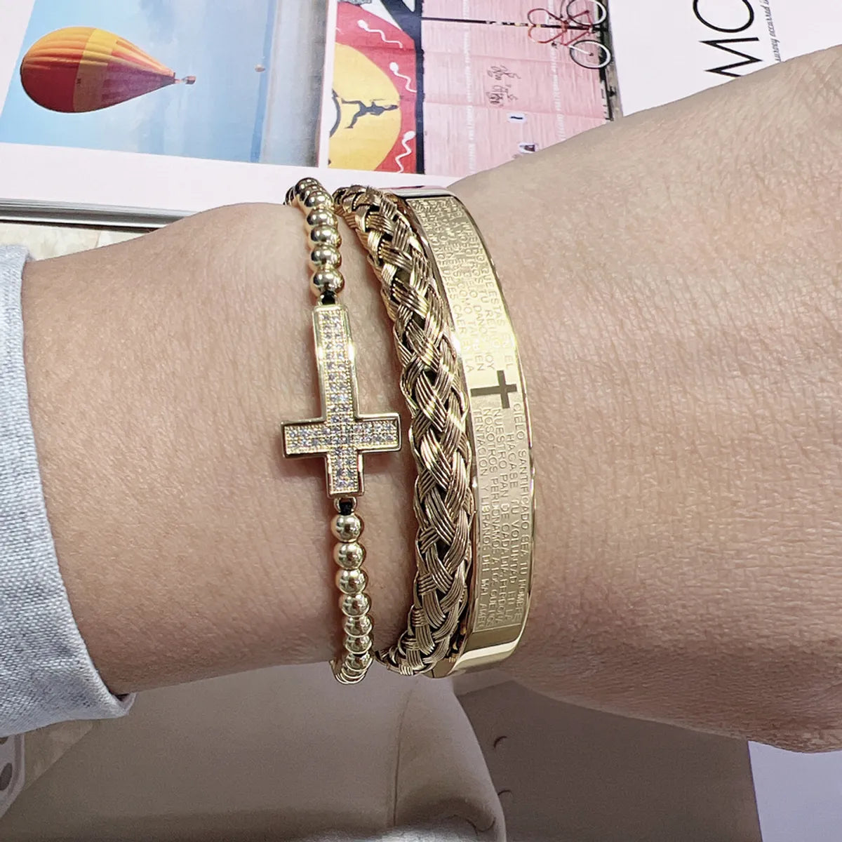 Classic Style Geometric Cross Stainless Steel Braid 18K Gold Plated Unisex Bangle