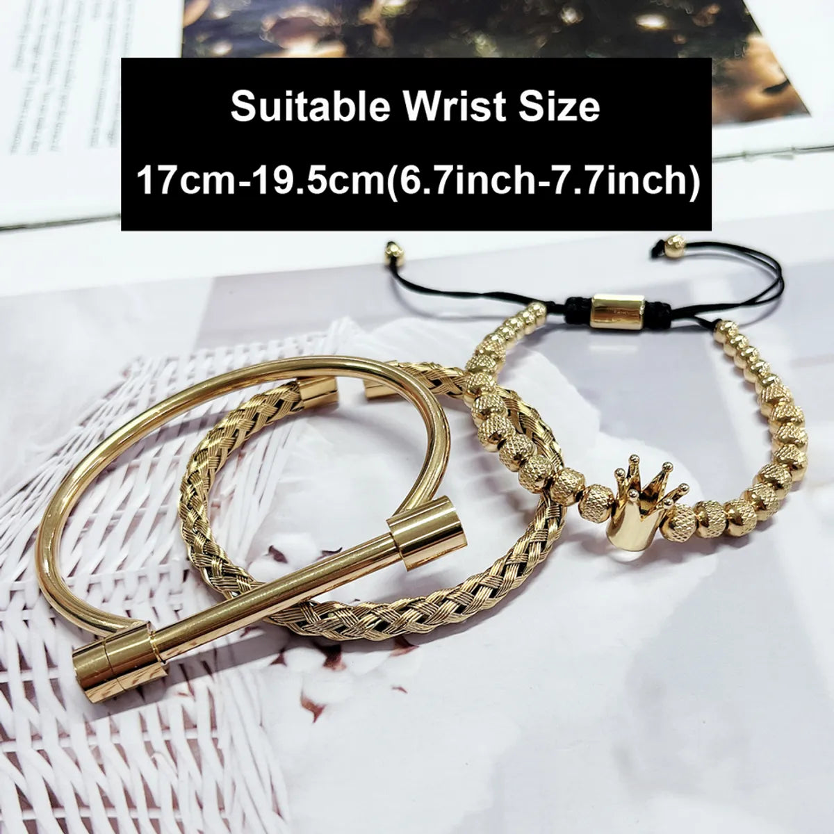 Classic Style Geometric Crown Stainless Steel Braid 18K Gold Plated Unisex Bangle