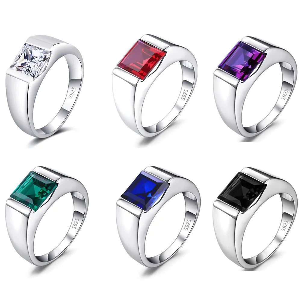 Classic Style Geometric Sterling Silver Inlay Gem Rings