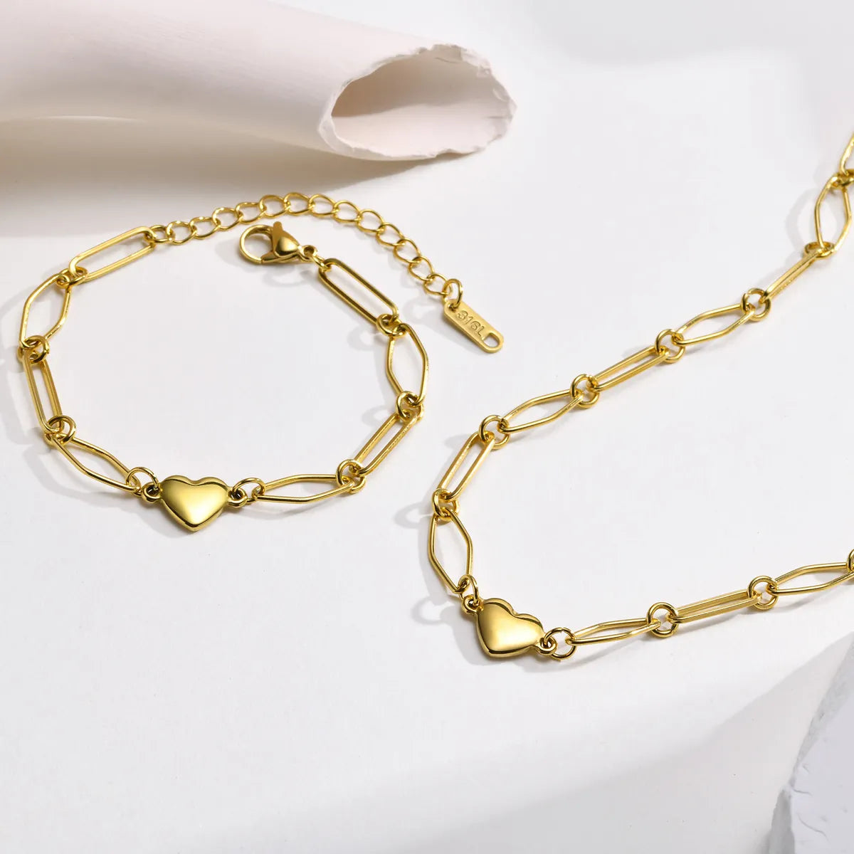 Wholesale Classic Style Heart Shape Stainless Steel Plating 18k Gold Plated Bracelets Necklace