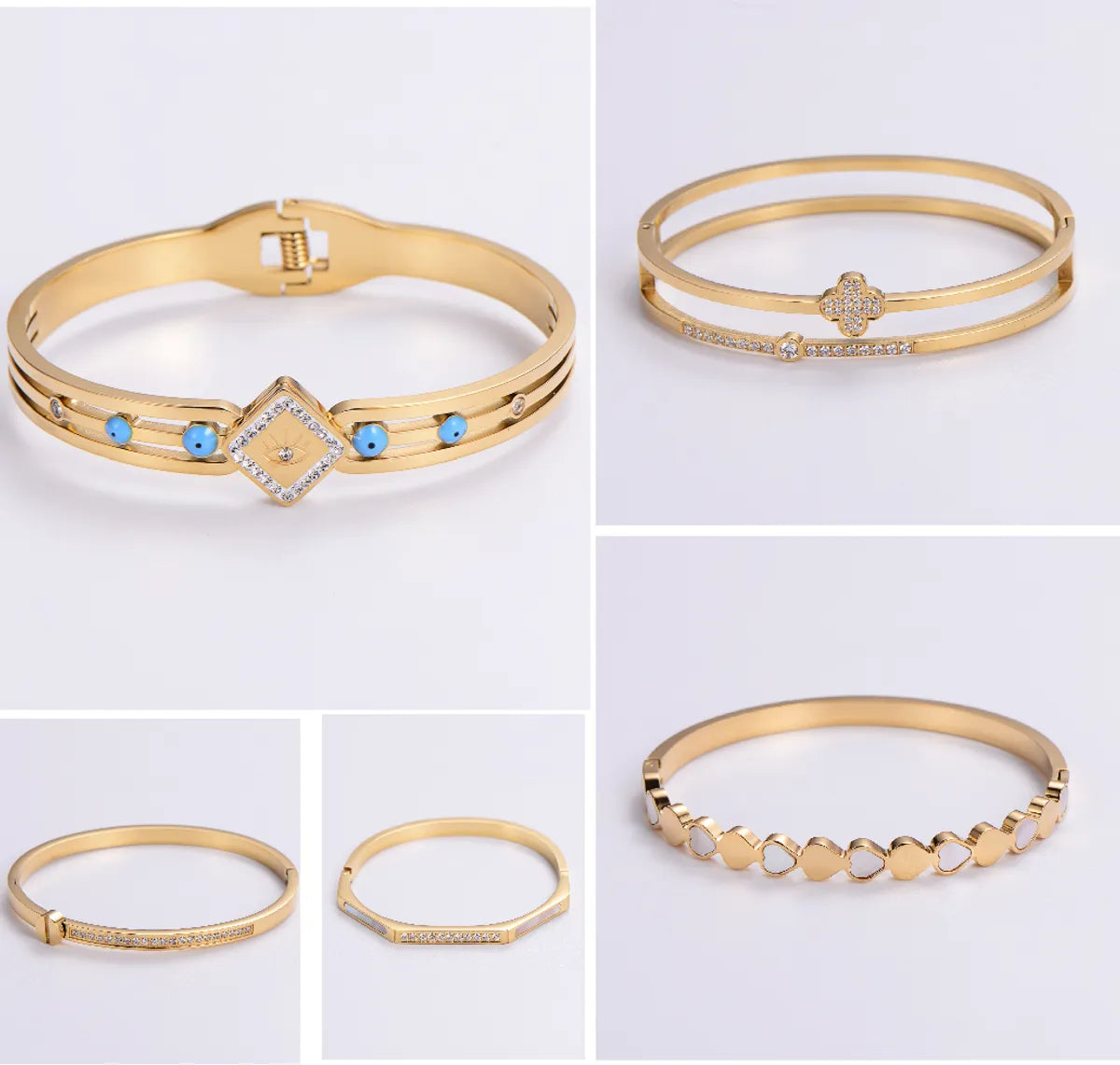 Classic Style Heart Shape Stainless Steel Plating Inlay Rhinestones 18k Gold Plated Rose Gold Plated Bangle