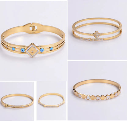 Classic Style Heart Shape Stainless Steel Plating Inlay Rhinestones 18k Gold Plated Rose Gold Plated Bangle