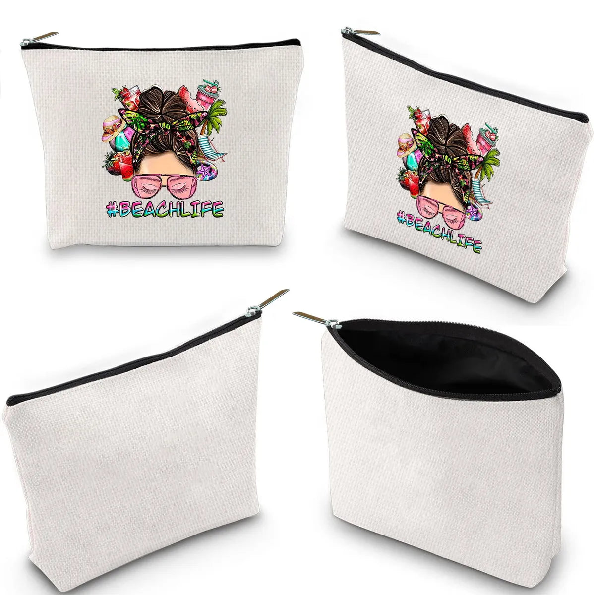 Classic Style Letter Plant Linen Square Makeup Bags