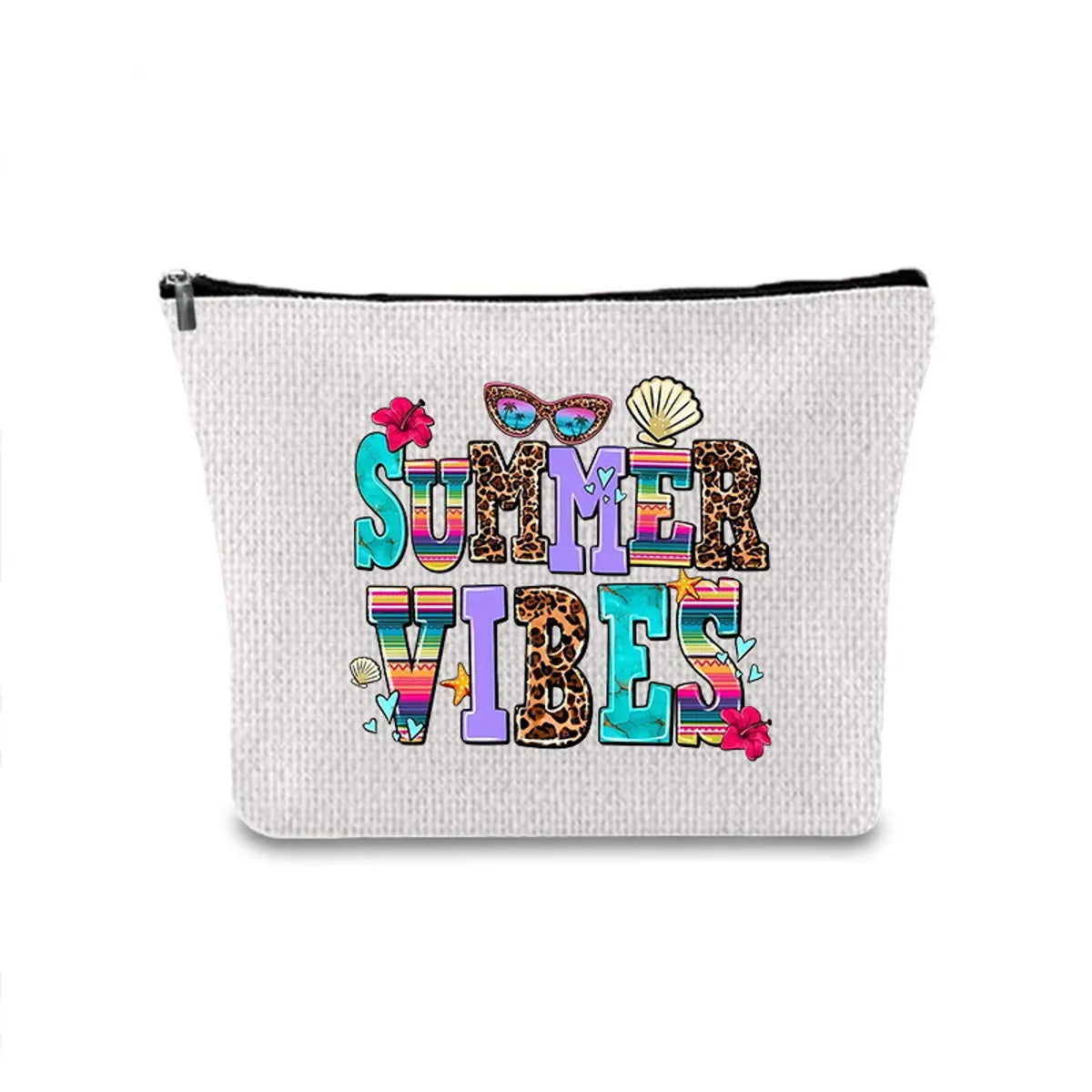 Classic Style Letter Plant Linen Square Makeup Bags