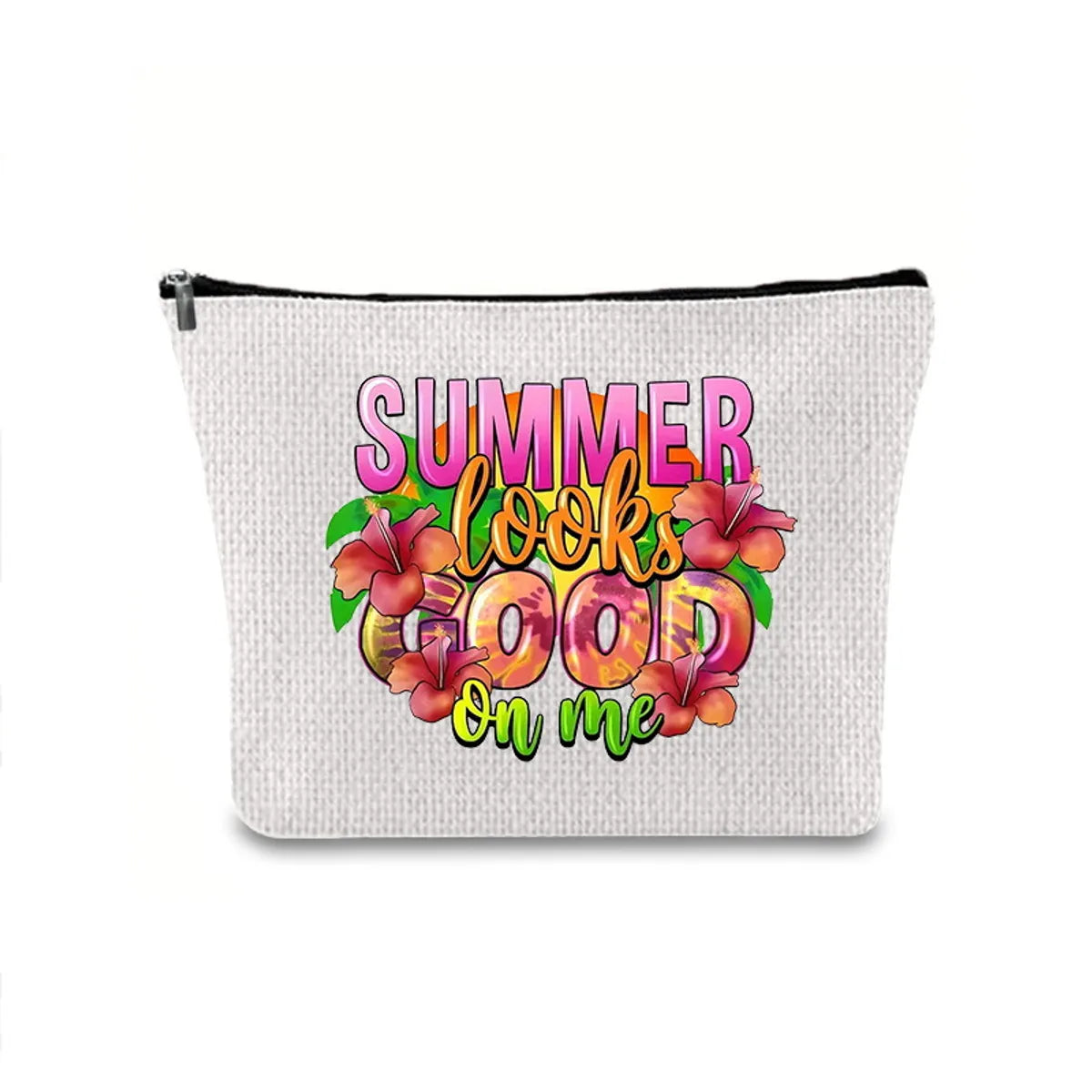 Classic Style Letter Plant Linen Square Makeup Bags