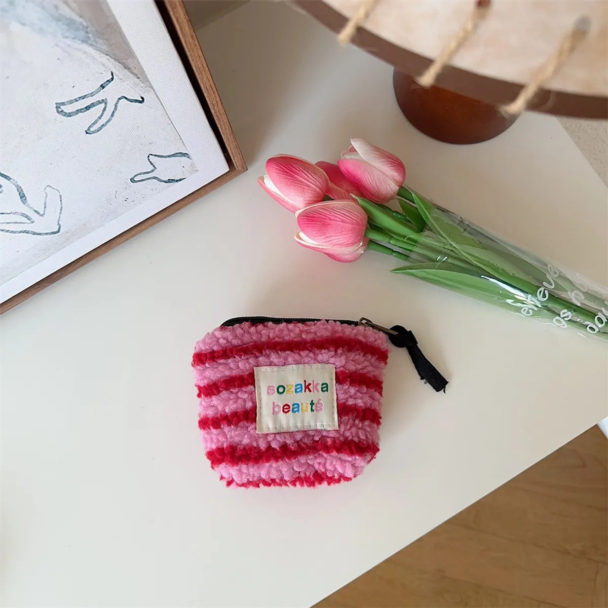 Classic Style Letter Stripe Plush Square Makeup Bags