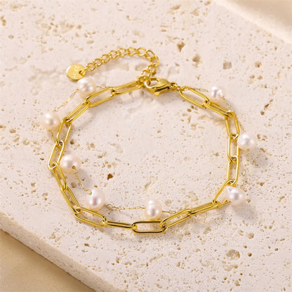 Classic Style Oval Stainless Steel Imitation Pearl Bracelets