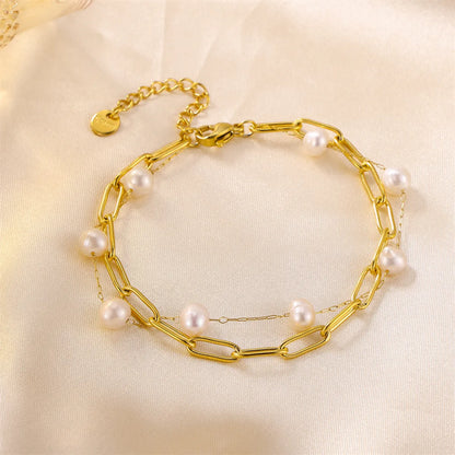 Classic Style Oval Stainless Steel Imitation Pearl Bracelets