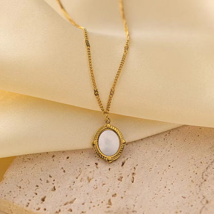 Classic Style Oval Titanium Steel Polishing Plating Inlay Shell 18k Gold Plated Pendant Necklace