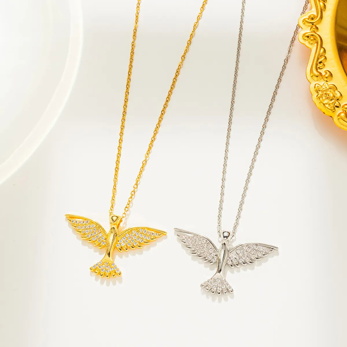 Classic Style Phoenix Stainless Steel Inlay Zircon Pendant Necklace