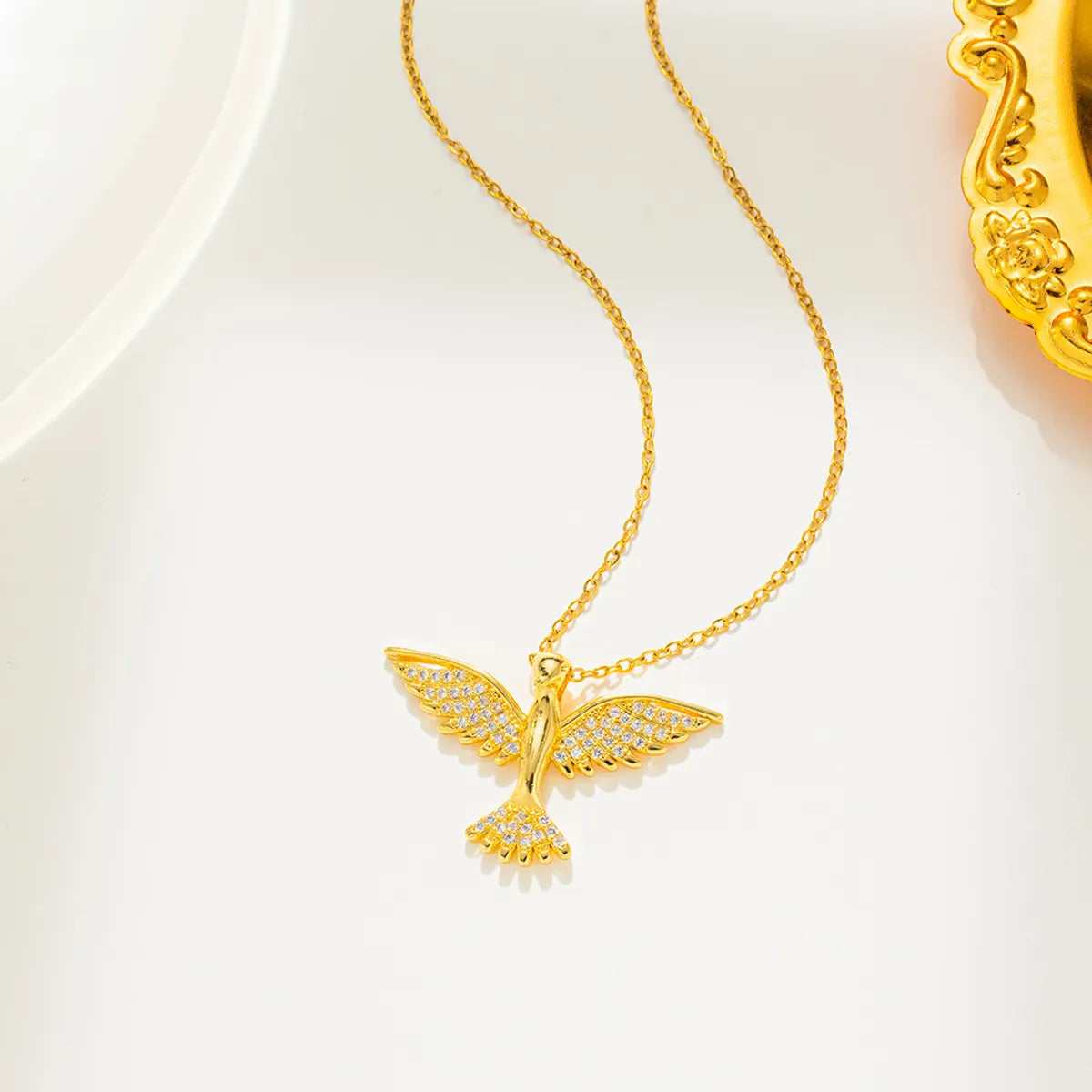 Classic Style Phoenix Stainless Steel Inlay Zircon Pendant Necklace