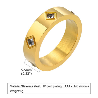 Classic Style Rhombus Stainless Steel Plating Inlay Zircon 18k Gold Plated Rings