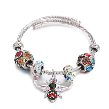 Classic Style Round Bee Stainless Steel Alloy Copper Inlay Artificial Gemstones Bangle