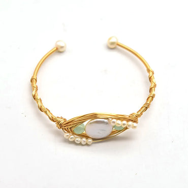 Classic Style Round Copper Plating Inlay Freshwater Pearl 18k Gold Plated Bangle