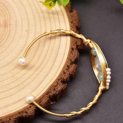 Classic Style Round Copper Plating Inlay Freshwater Pearl 18k Gold Plated Bangle