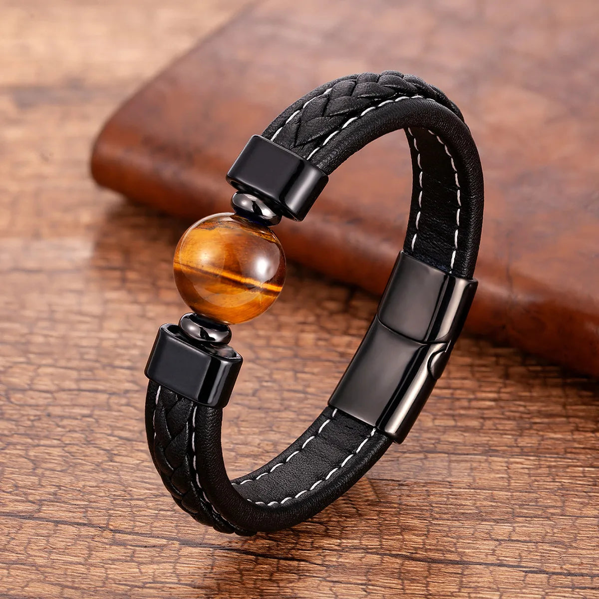 Classic Style Round Natural Stone Agate Tiger Eye Round Men'S Bangle